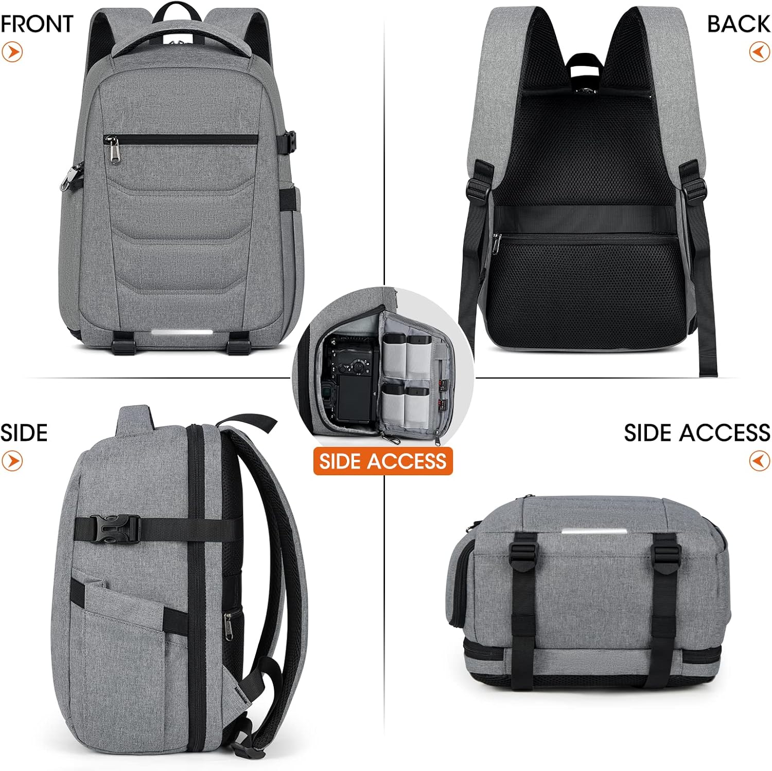 SDYSM Camera Bag Backpack Professional for DSLR SLR Mirrorless Camera Waterproof Laptop Back Pack 14 Inch with Rain Cover Anti Theft Travel Case Large Capacity Photography Backpack Grey - Image 8