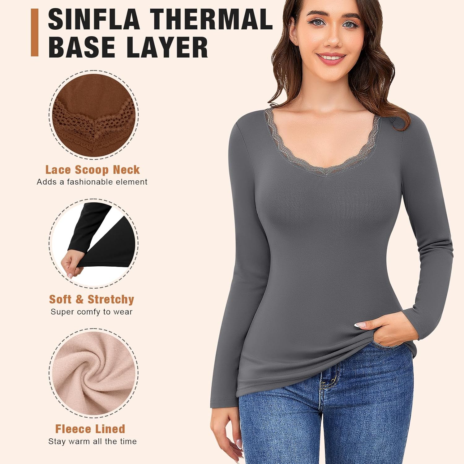 Women's Long Sleeve Thermal Shirts Scoop Neck Underwear Lightweight Base Layer Tops with Warm Fleece Lining - Image 3
