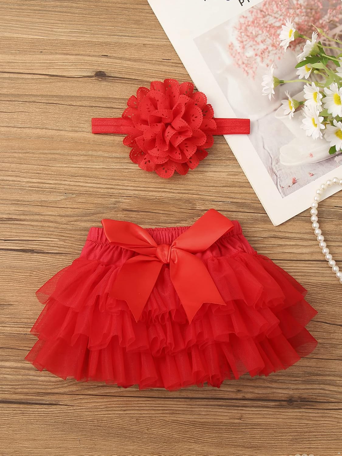 Baby Girls Mesh Tutu Skirt Bloomers with Flower Headband Set Birthday Party Photoshoot Princess Outfits