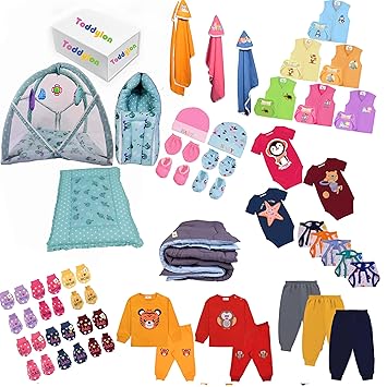 Toddylon 56 in 1 New Born Baby Products All Gift Packs Cotton Essential Items Combo for Baby | Bedding | Clothing | Baby Shower | Maternity Kit (0-6 Months) Green