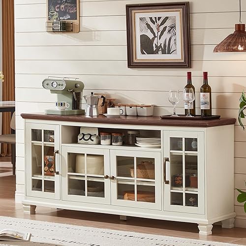 Miniatura 9 de Gabinete grande de aparador con almacenamiento, credenza de 60" de ancho de nogal vintage estilo granja con puertas de vidrio y patas de madera,
