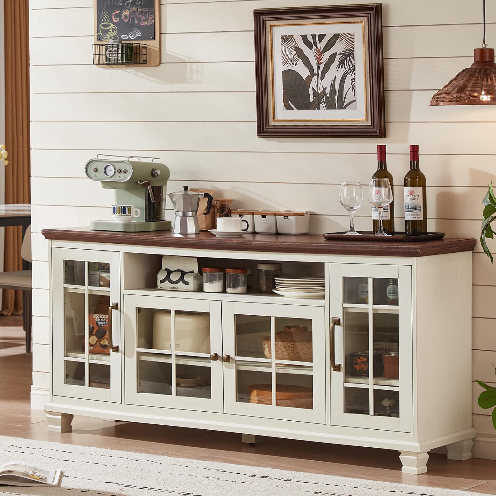 SAVOR LIFE Large Sideboard Buffet Cabinet with Storage, Vintage White Farmhouse 60" Wide Credenza Accent Cabinets with Glass Doors & Wood Legs,