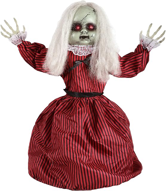 Animatronic Large Doll in Red and Black Dress Halloween Decoration - Red Light up Eyes & Sound Effects - Motorised Wheels - Halloween Props