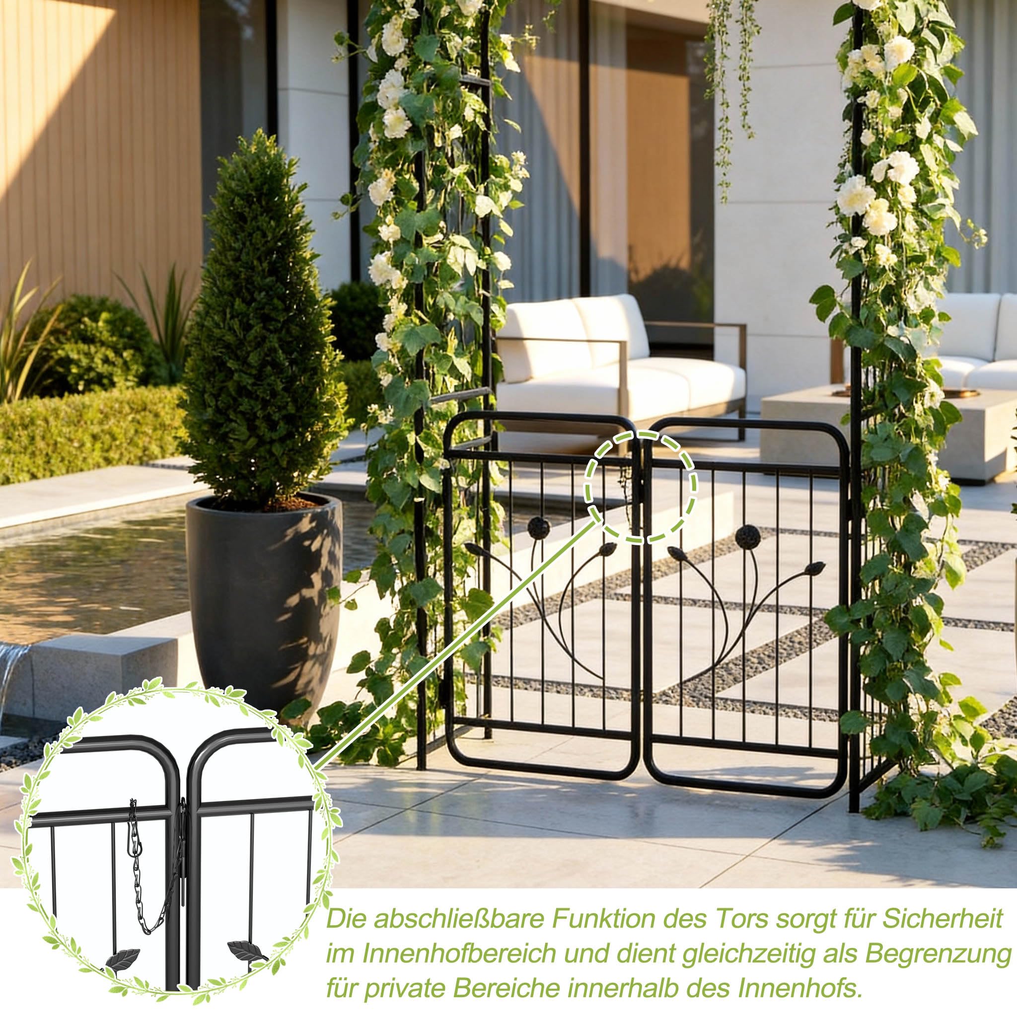 Aufun Rosenbogen mit Tür 220 cm, Metall Gartenbogen mit Rankgitter, Abschließbares Gartentor, Pulverbeschichteter Stahl, Wetterfest & Stabil, Rankhilfe für Kletterpflanzen, Hochzeit & Garten, Schwarz