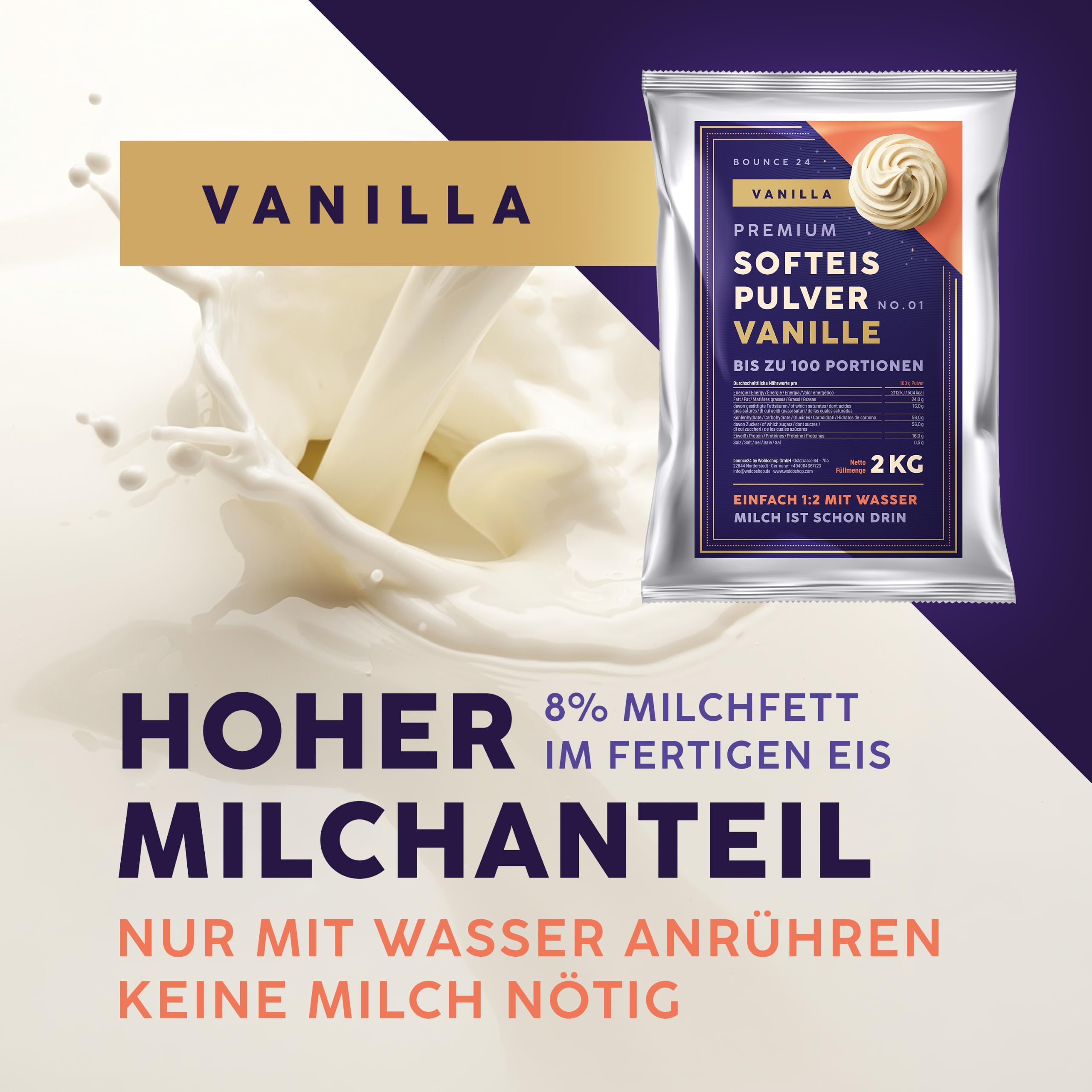 Bounce24 Softeispulver für Eismaschine | Vollmilchpulver enthalten, nur Wasser anrühren, cremig, ohne extra Milch