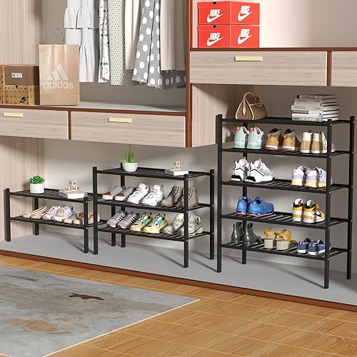 Miniatura 4 de Zapatero de bambú de 5 niveles para armario independiente, estante de zapatos de madera para entrada, espacio pequeño, apilable 27"x11"x33" (negro)