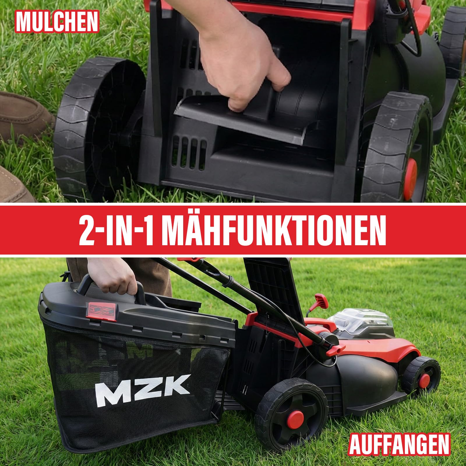 MZK 40V Akku-Rasenmäher, 41 cm Schnittbreite, 2-in-1 Bürstenloser Akku-Rasenmäher, Schiebemäher mit 5-facher Schnitthöhenverstellung, inkl. 2 x 4,0 Ah Akkus & Ladegerät