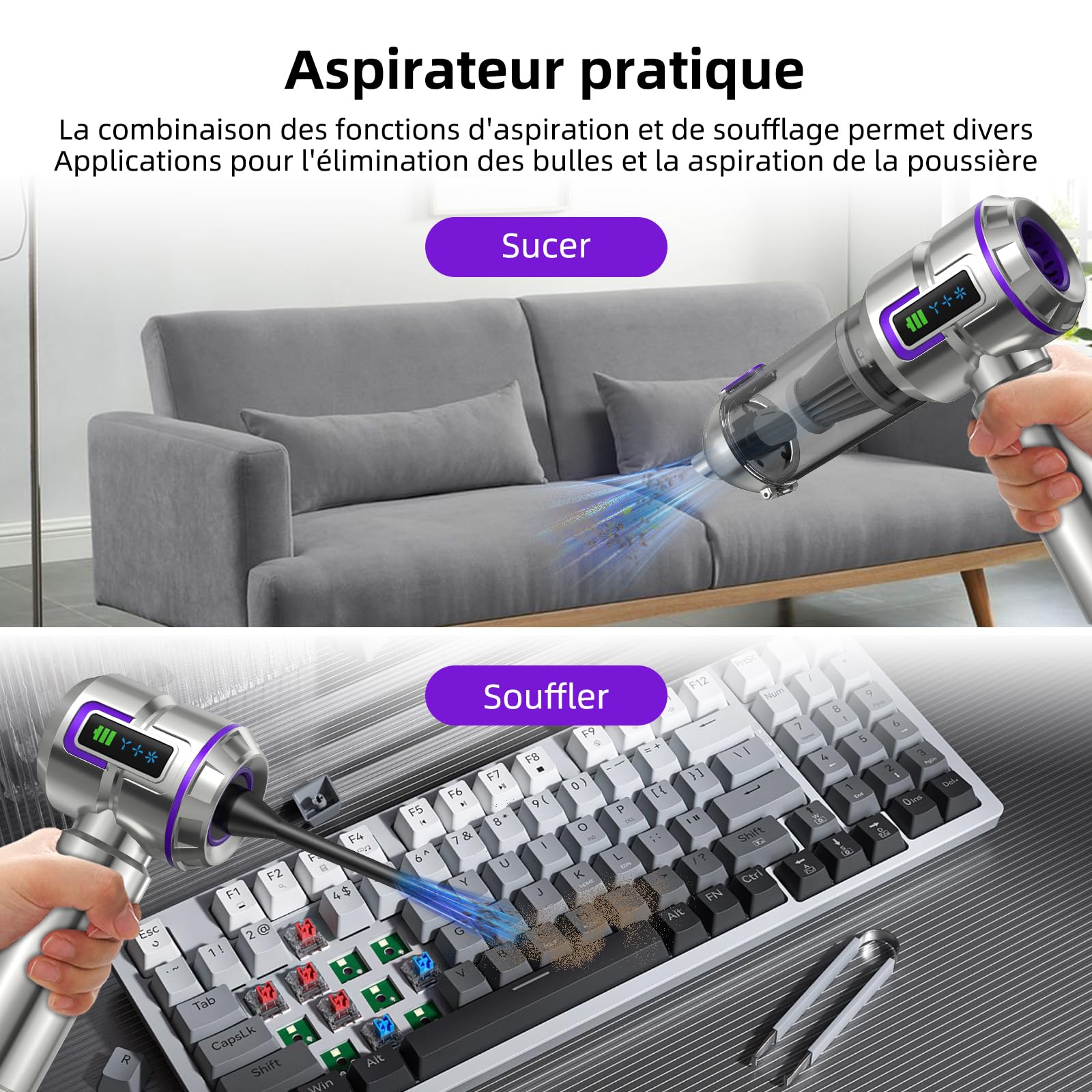 Aspirateur à Main, 25000Pa Aspirateur de Voiture Puissant avec Écran, 4-en-1 Vidage Automatique 1 Touche Aspirateur, Moteur sans Balai avec 3 Vitesses pour Maison/Bureau/Voiture/Poils, Argenté
