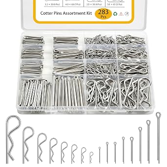 Cotter Pin Assortment Kit 283 Pcs, 304 Stainless Steel 16 Sizes Cotter Pins Hairpin R Clips for Hitch Pin, Hardware Pins for Automotive Trailer Lawnmower Repairs