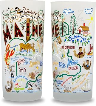 Catstudio Drinking Glasses, Maine Frosted Glass Cup for Kitchen, 15oz Dishwasher Safe Tumbler for Maine Lovers, Set of 2