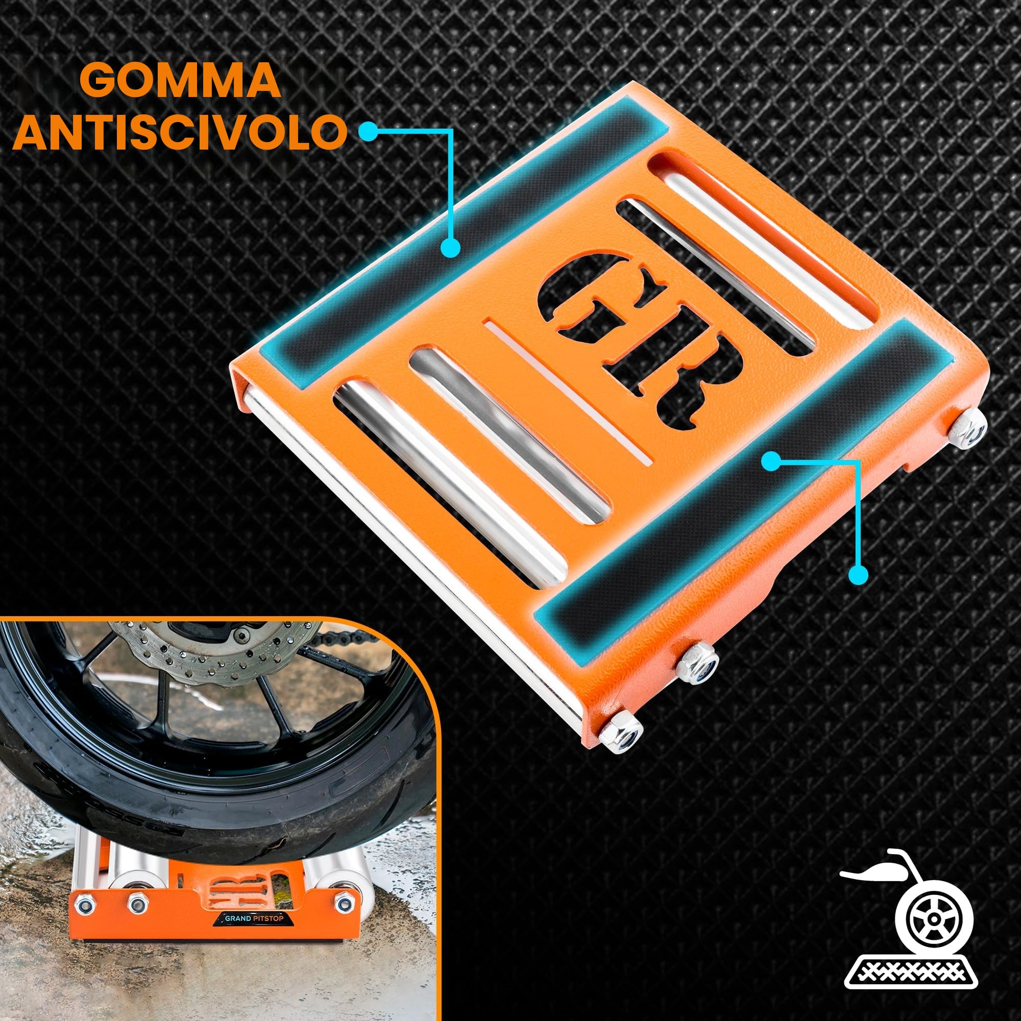 GrandpitStop - Rullo per pulizia ruote moto, per pulizia pneumatici e lubrificazione catena - Cavalletto ruota Groller (Medio (bici < 485 libbre))