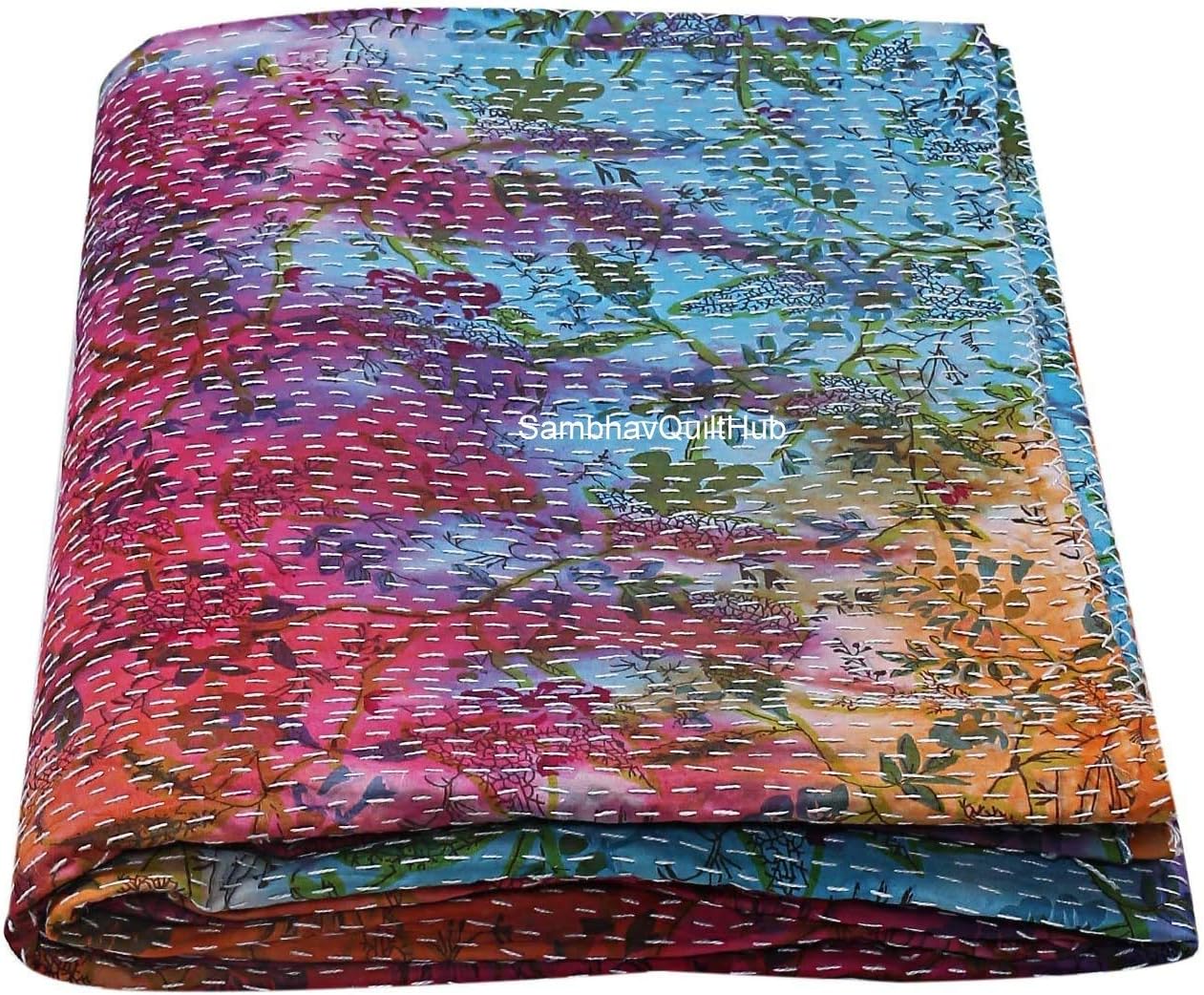 Queen/Twin/King Handmade Multi Tye Dye Floral Print Quilting Screen Print Kantha Quilt Kantha Bed Cover Bedspread Bohemian Bedding Kantha Blanket Throw (60X90 inches)