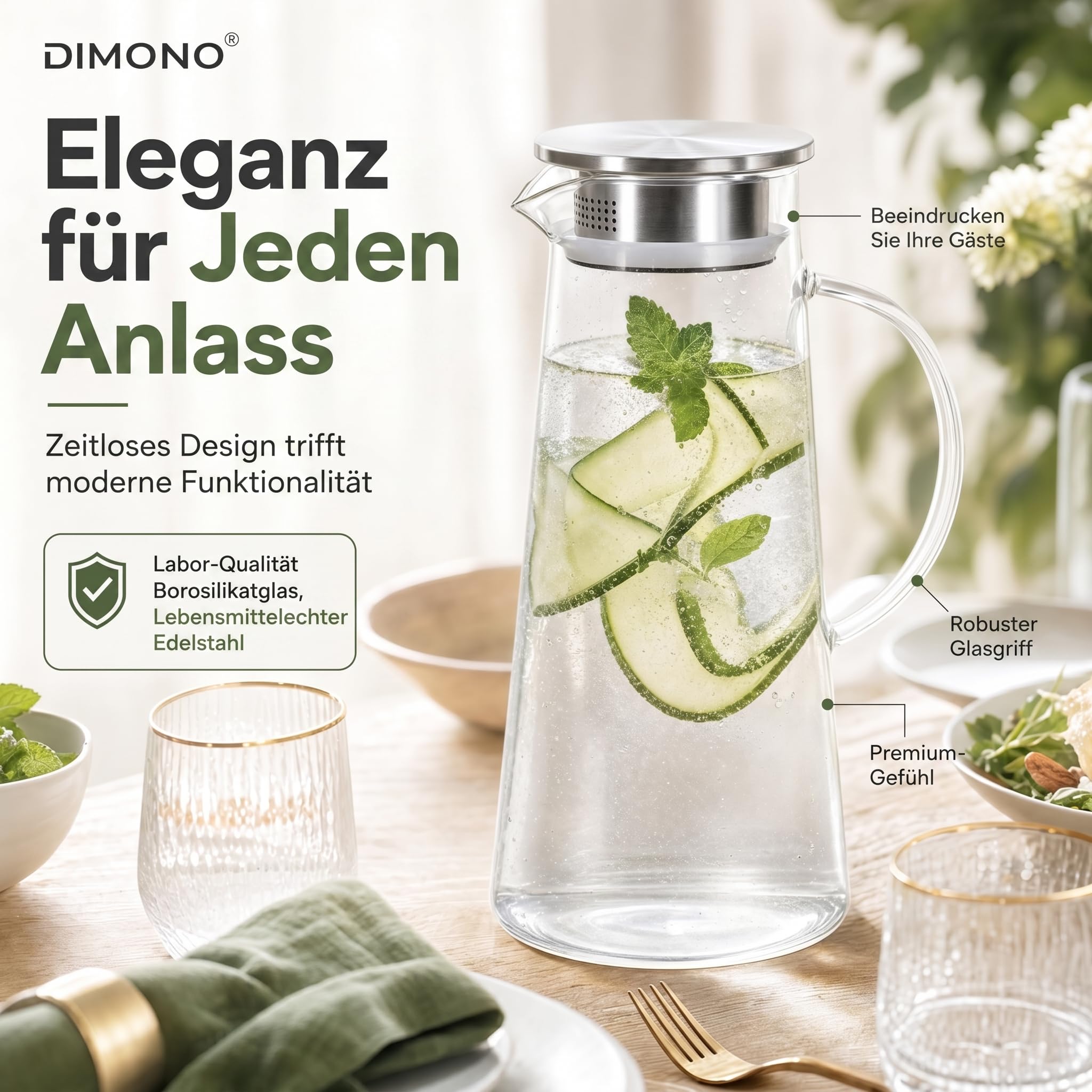 Wasserkrug Wasserkanne Krug 1,5 Liter, Glaskrug mit Filter und Deckel aus Edelstahl Getränkekaraffe für heißes u. kaltes Wasser Eistee Kaffee Milch Saft Glaskaraffe mit Griff