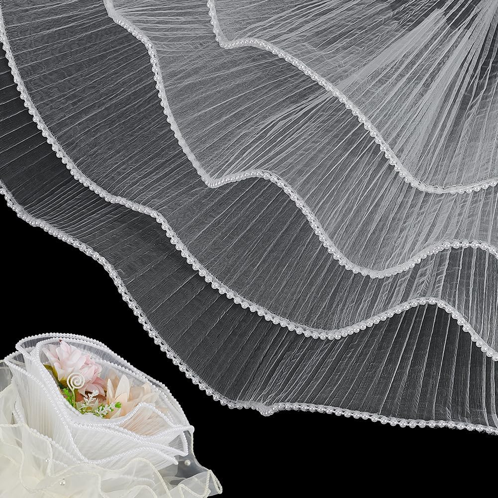 BENECREAT 4Yardx6 Inch White Flower Wrapping Paper, Pearl Edge Bouquet Floral Packaging Mesh Paper Wrinkled Wavy Net Yarn for Weddding Favor, Mother's Day Flower Gift Packing