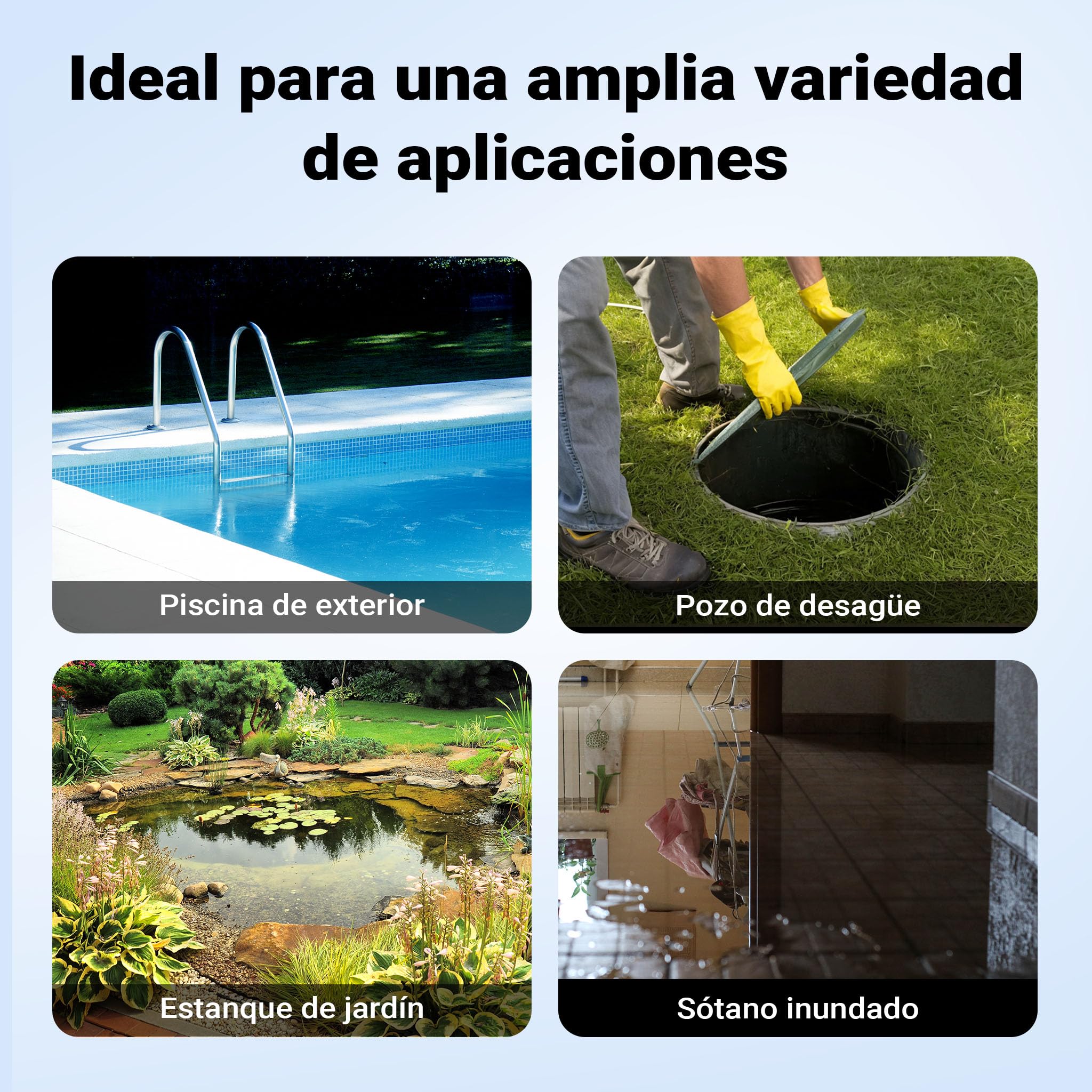 Wiltec Bomba de agua 3 en 1 aspiración plana 400W, caudal 8000 l/h, altura 5 m, para agua limpia y sucia