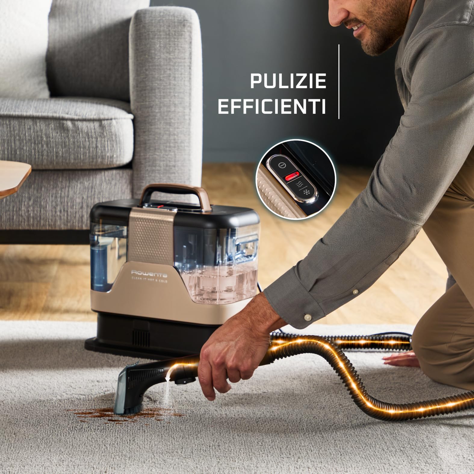Rowenta Clean It Hot & Cold, Smacchiatore 3 in 1 con Tecnologia PowerHeat, per Pulizia a Caldo e Freddo di Tappeti, Divani e Auto, Colore Copper Tinto, 1150W, IN7021