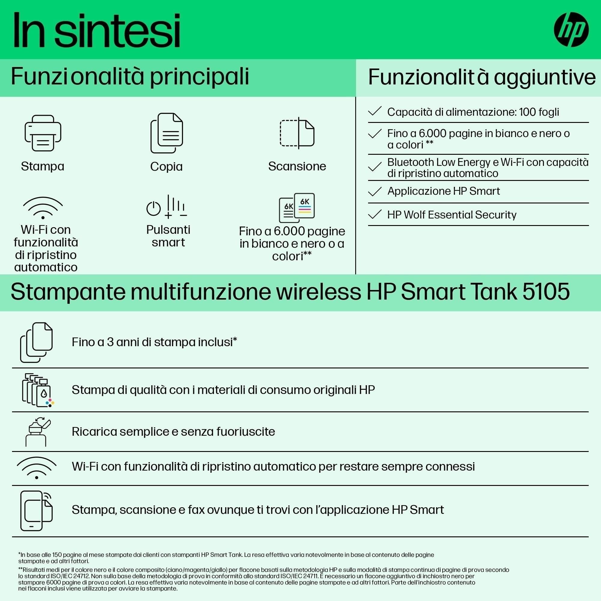 HP Smart Tank 5105 Stampante Multifunzione A4 con Serbatoio Inchiostro, Stampa Fronte/Retro Manuale, Scansione, Copia, 22 ppm, USB, Wi-Fi, Bianca