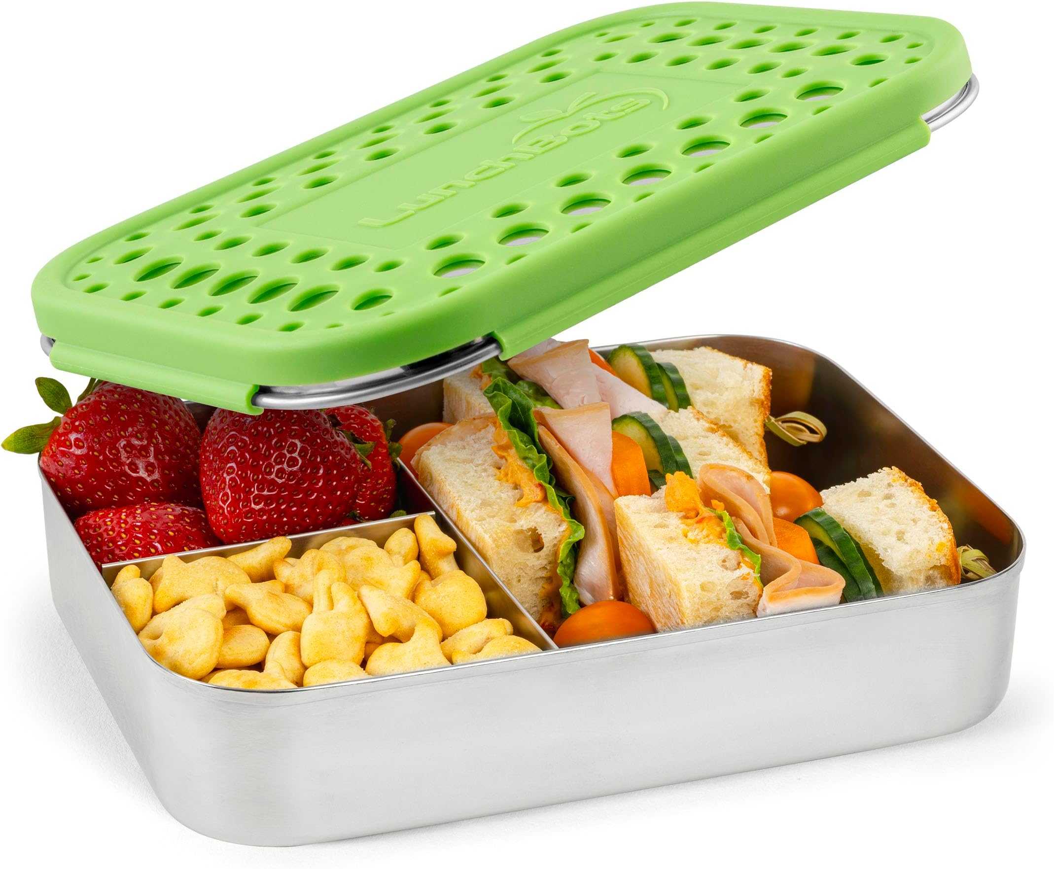 LunchBots Large Trio Stainless Steel Lunch Container -Three Section Design for Sandwich and Two Sides - Metal Bento Lunch Box for Kids or Adults - Eco-Friendly - Stainless Lid - Green Dots
