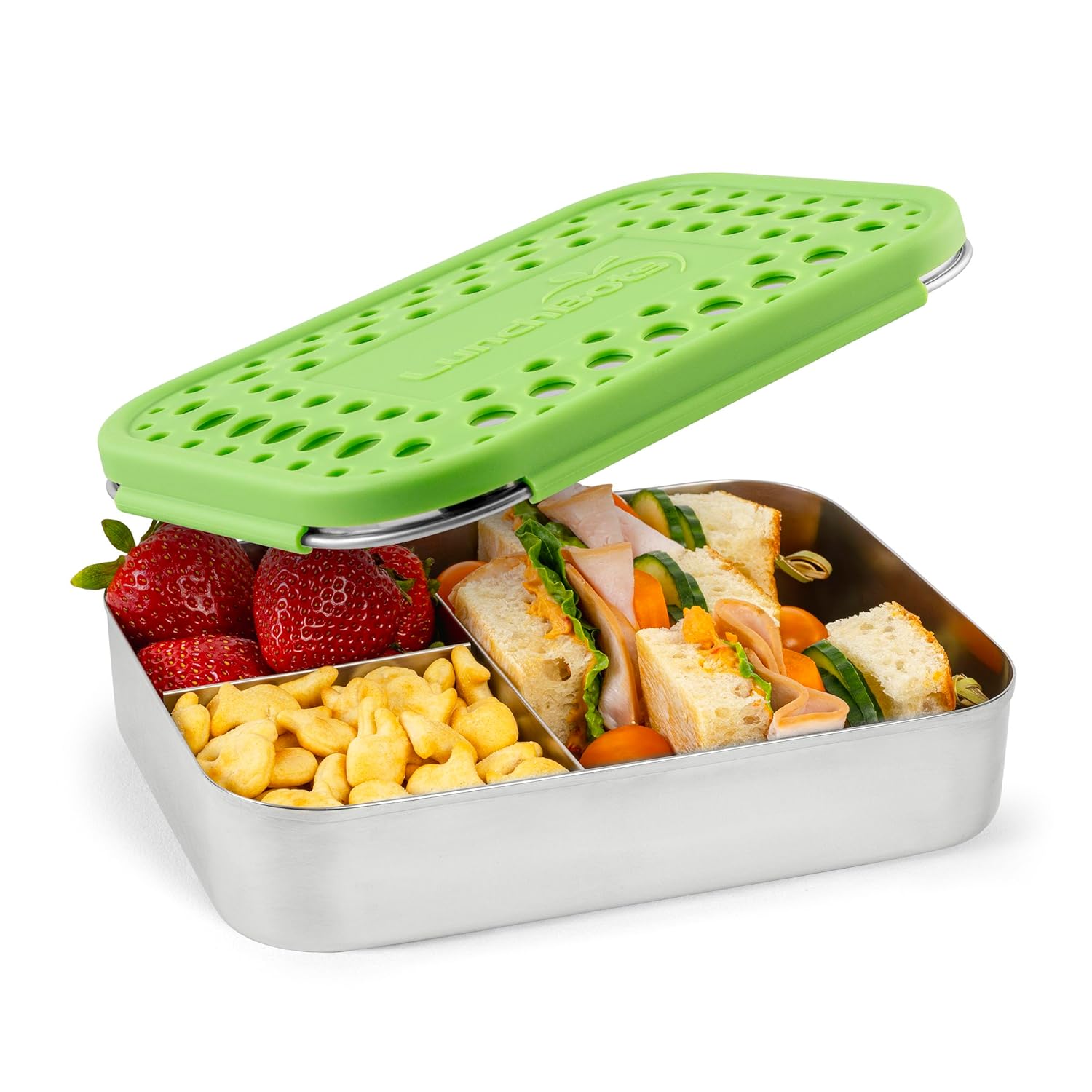 LunchBots Large Trio Stainless Steel Lunch Container -Three Section Design for Sandwich and Two Sides - Metal Bento