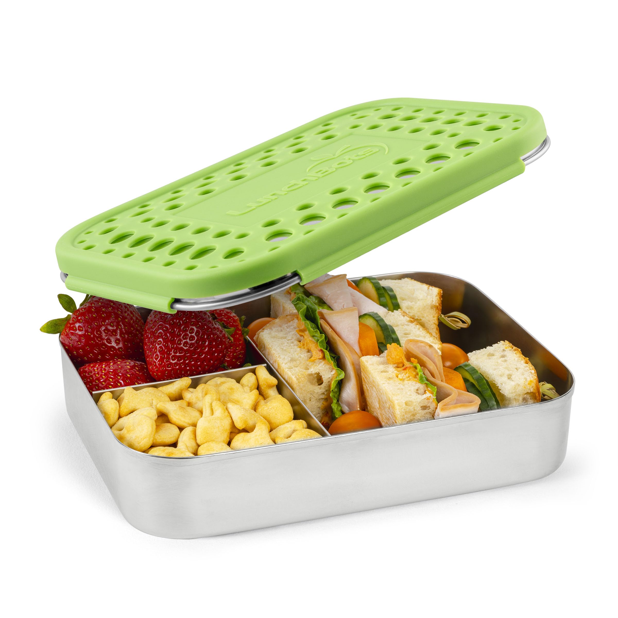 LunchBots Large Trio Stainless Steel Lunch Container -Three Section Design for Sandwich and Two Sides - Metal Bento