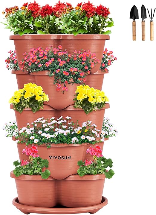 VIVOSUN 5 Tier Vertical Gardening Stackable Planter for Strawberries, Flowers, Herbs, Vegetables, Brown