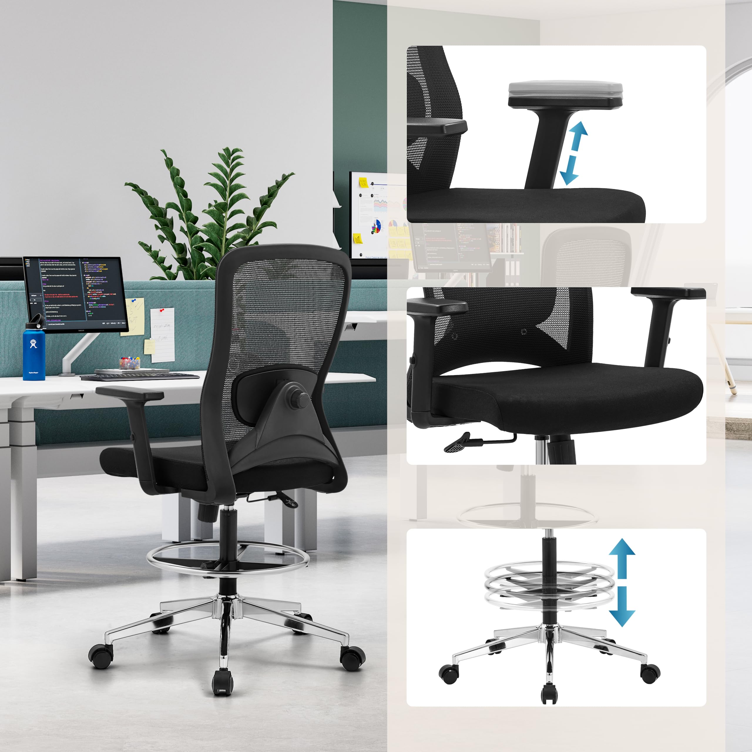 hjh OFFICE Top Work 44 - Silla de Trabajo ergonómica de Malla, Altura Ajustable, reposabrazos y reposapiés, Color Negro
