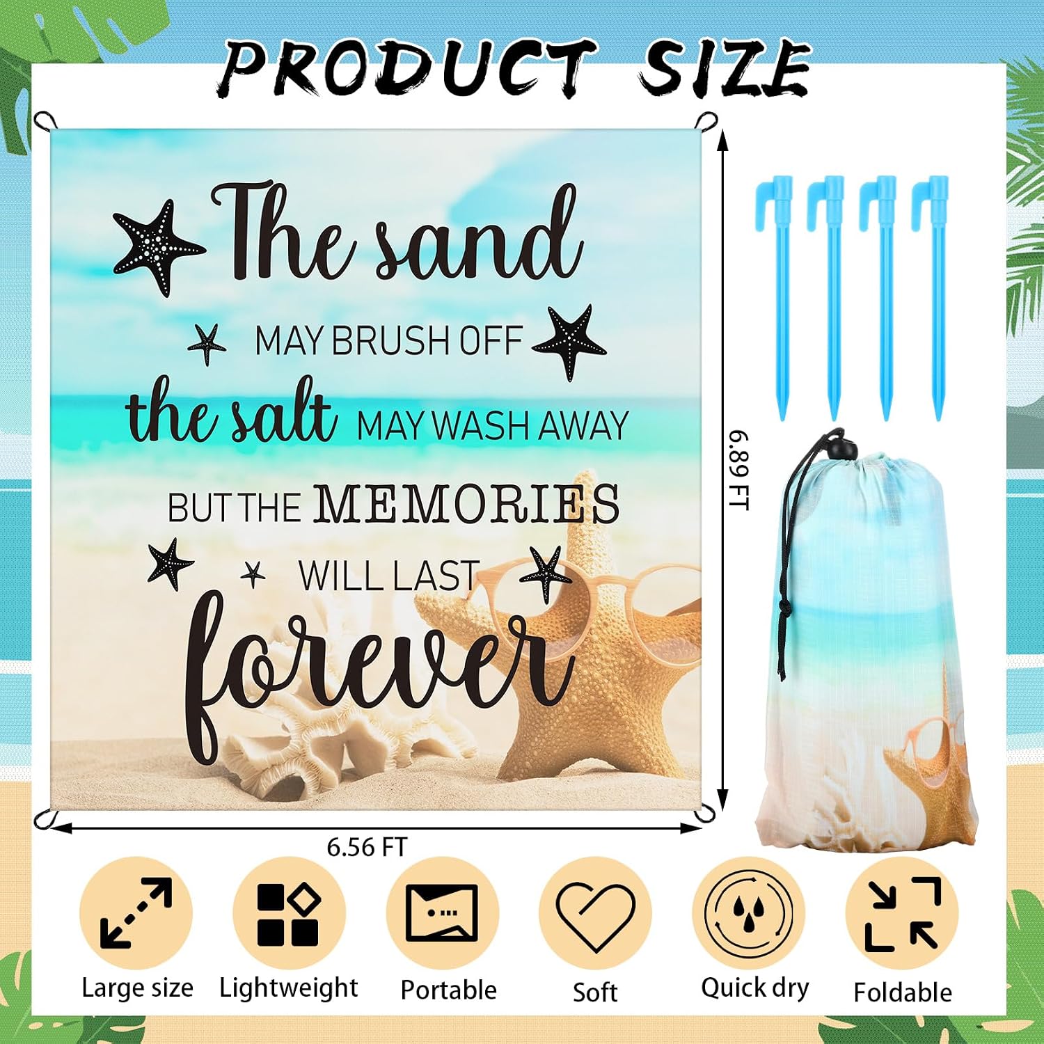 Boao Beach Waterproof Sandproof Blanket with Stakes Storage Bag Ocean Themed Mat 6.56 x 6.89 ft Portable Picnic Mat for 1-4 Family Friend Vacation Beach Essentials