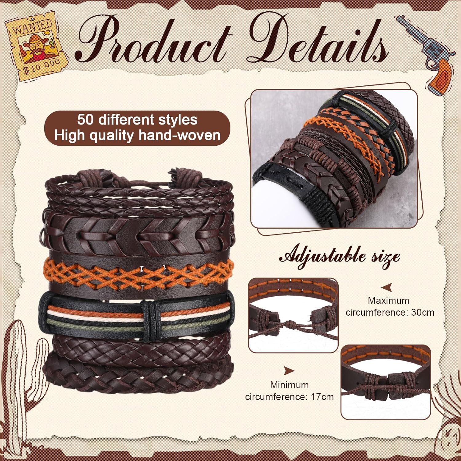 50 Pcs Braided Leather Bracelets for Men Women Wrap Wooden Bead Cuff Bracelet Hemp Cords Ethnic Tribal Handmade Wrap Wristband Bracelets Set Adjustable for Personal Wearing - Image 2