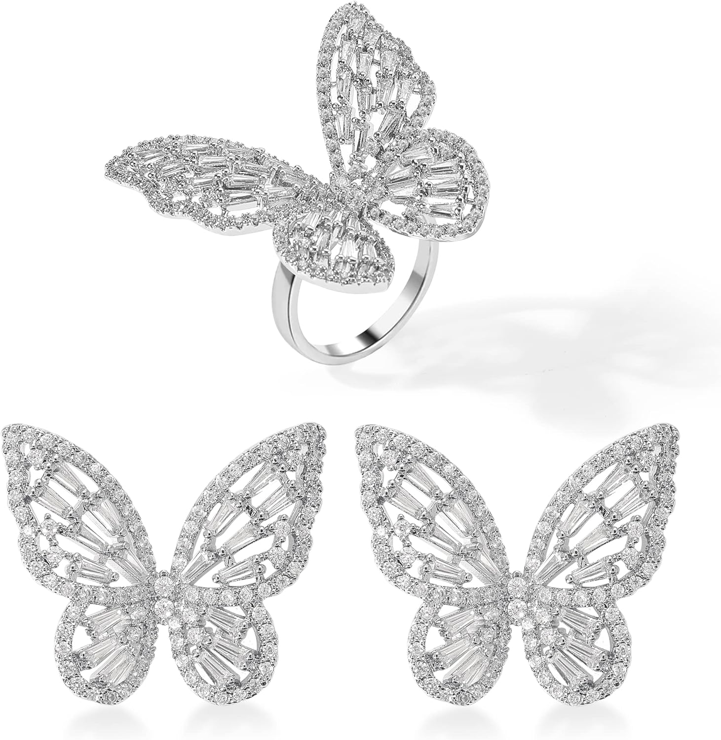 Women's Jewelry Sets Crystal Butterfly Earrings Necklaces for Women Cubic Zirconia White Gold Butterfly Necklace Ring Bangle Bracelet Birthday Anniversary Valentines Mother's Day Jewelry Gifts for Mom Bridesmaid Wife Sister Friend