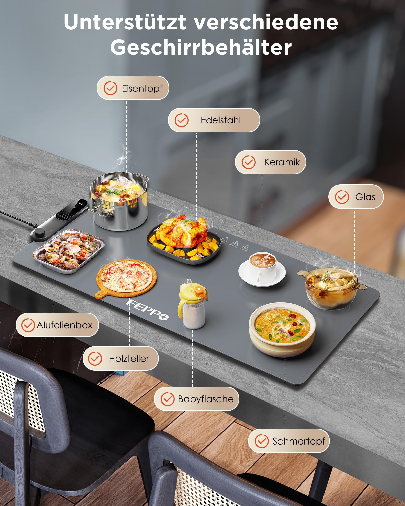 FEPPO Speisen-Wärmematte (XXL 89cm x 40.5cm”), Elektrische Warmhalteplatte für Buffets und Partys, Schnelles Ganzflächen-Heizen für Speisen mit 17-stufig Einstellbarer Temperatur und 6-Stunden-Timer