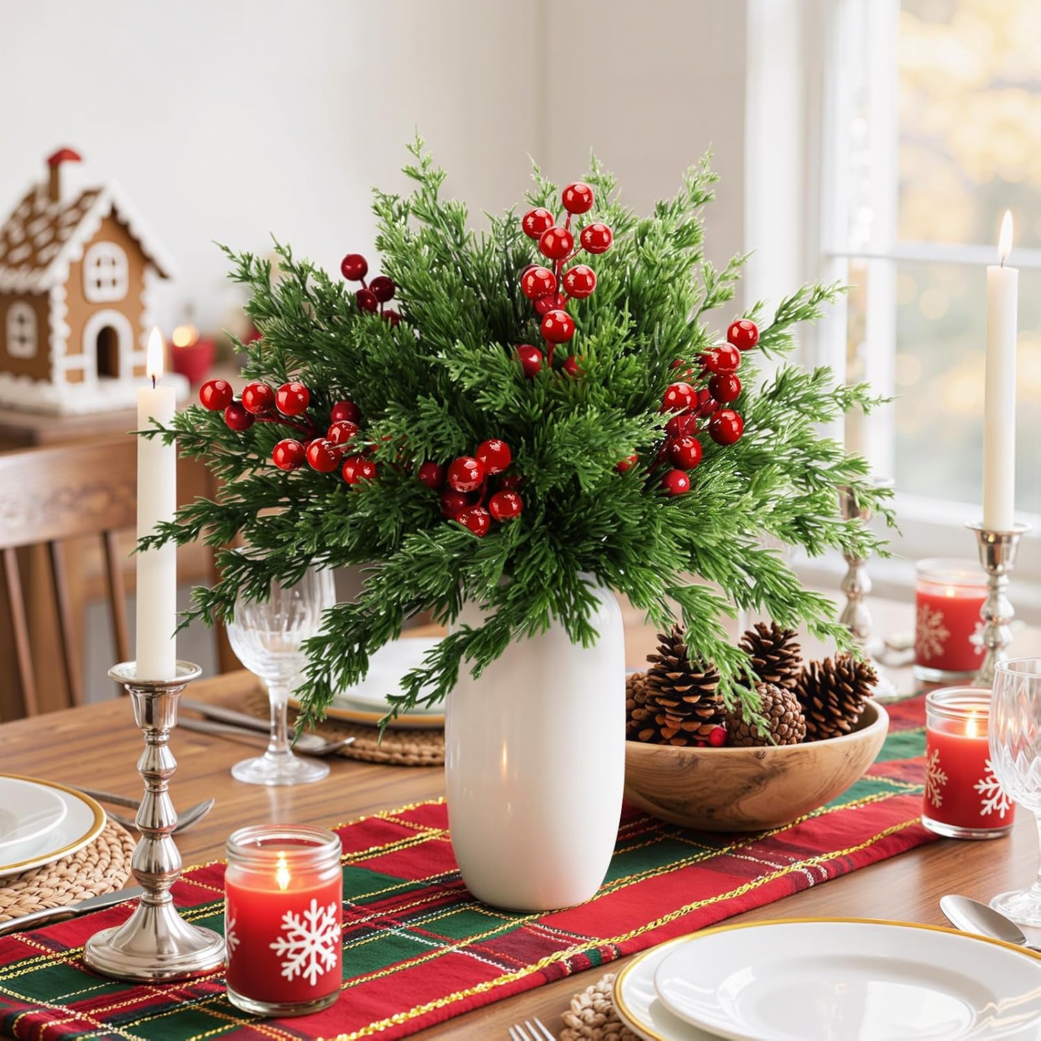 EverMerry 45 PCS Artificial Norfolk Pine Stems with Red Berries Decor, Christmas Greenery Branches for DIY Home, Office, Holiday Decor, Evergreen Cypress Plant for Indoor/Outdoor Floral Arrangements
