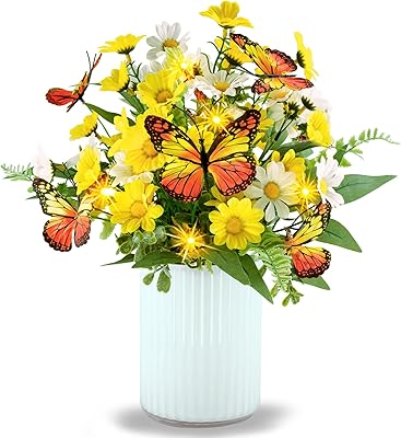 HOSY Artificial Daisy Bouquet in Glass Vase with Fairy Lights, Silk Flower and Butterfly Arrangements for Table Centerpiec...