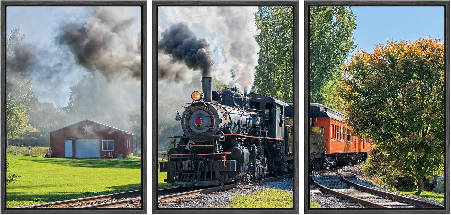 wall26 Framed Canvas Print Wall Art Set Vintage Retro Steam Engine Train at Depot Nature Wilderness Realism Rustic Scenic Colorful Landscape for Living Room, Bedroom, Office - 16"x24"x3 Black