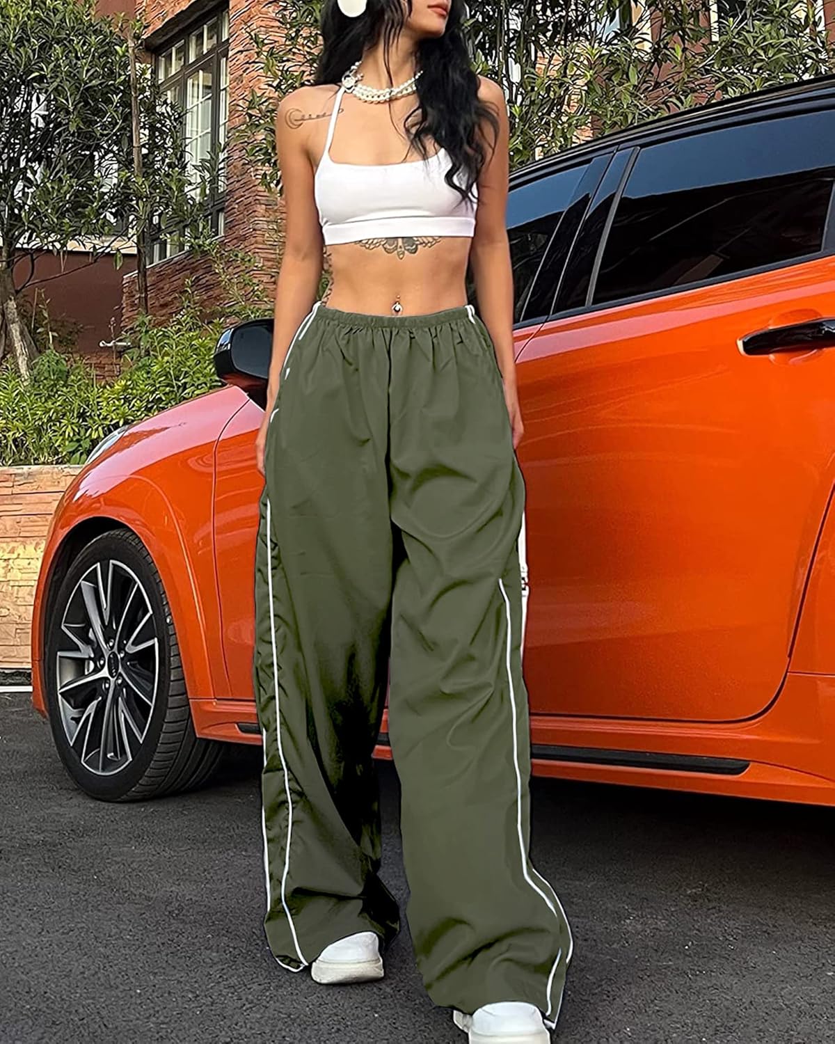 Women Y2K Baggy Track Pants Elastic Waist Wide Leg Parachute Jogger Sweatpants - Image 2