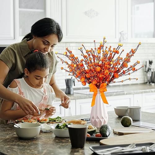 Miniatura 5 de 6 piezas de flores artificiales para decoración de otoño, ramas de Acción de Gracias, tallos de calabaza naranja otoñal, arreglos florales con lazo