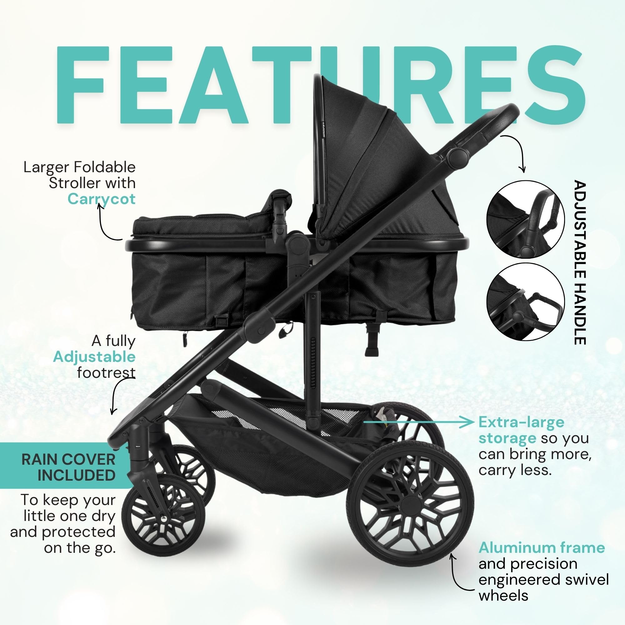 Lejoux Avant Baby-Kinderwagen-Reisesystem faltbarer Kinderwagen mit Babywanne 5-Punkt-Gurt verstellbarem Sitz übergroßem Korb Einhand-Faltung Schwenkräder Regenschutz Black