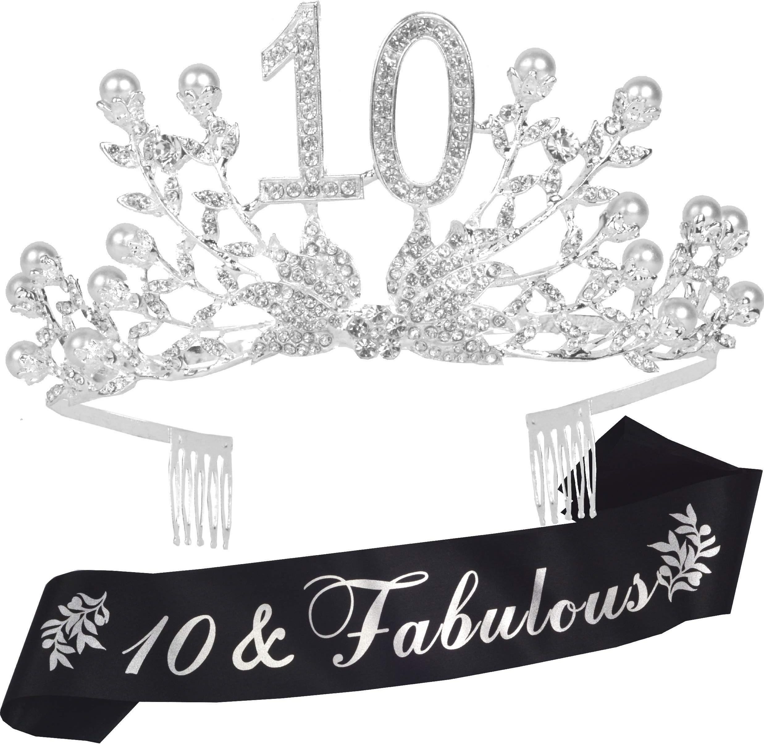 DORADREAMDEKO 10th Birthday Gifts for Girls, 10th Birthday Tiara and Sash, 10 Fabulous Sash and Crystal Tiara, 10th Birthday Decorations for Girls, 10th Birthday Party Supplies, Happy 10th Birthday