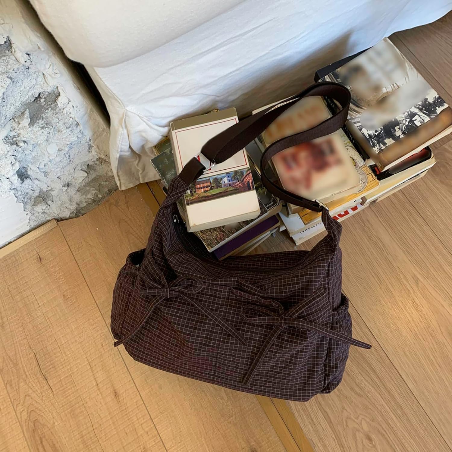 Plaid Shoulder Bag for Women Nylon Drawstring Messenger Purse Japanese-style Minimalist Plaid Crossbody Bag - Image 4