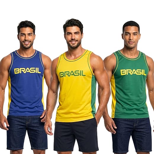 Kit 3 Regatas Masculina Brasil Academia Fitness Treino Camiseta Esportiva Leve e Respirável