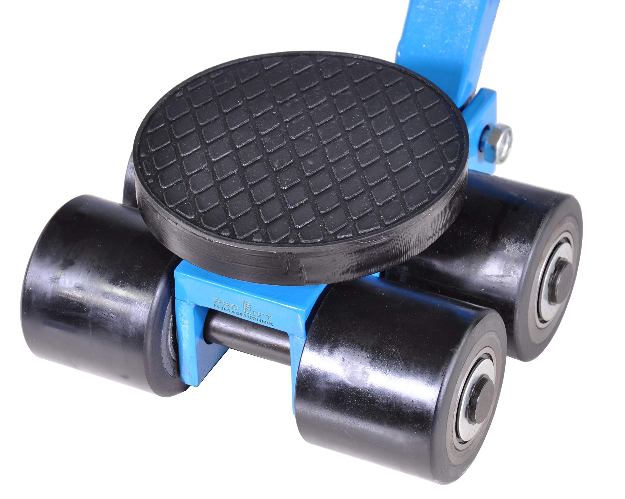4t Lenkbarer Schwerlastroller 4000kg 4 Rollen Gummiauflage Hand-Zugstange 100cm T-Griffstück 110mm Bauhöhe Blau Industrieller Feststehender L-förmiger Roller