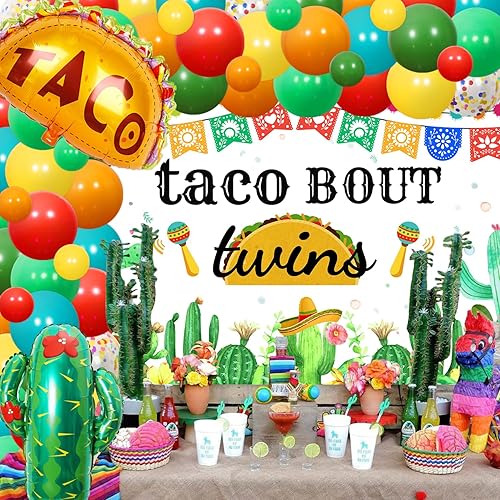 Miniatura 5 de 85 piezas de decoración de fiesta con temática mexicana para baby shower, decoraciones de fiesta con fondo de taco, globos de papel de cactus para