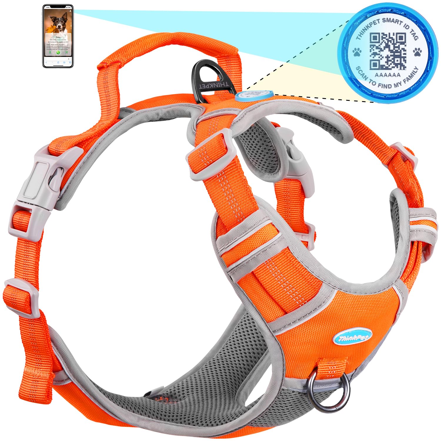 ThinkPetNo Pull Breathable Sport Dog Harness - Reflective Padded Oxford Nylon Safety Adjustable Easy On And Off Vest, Back/Front Clip Handle Outdoor And Training Small Medium Large Dogs L Orange