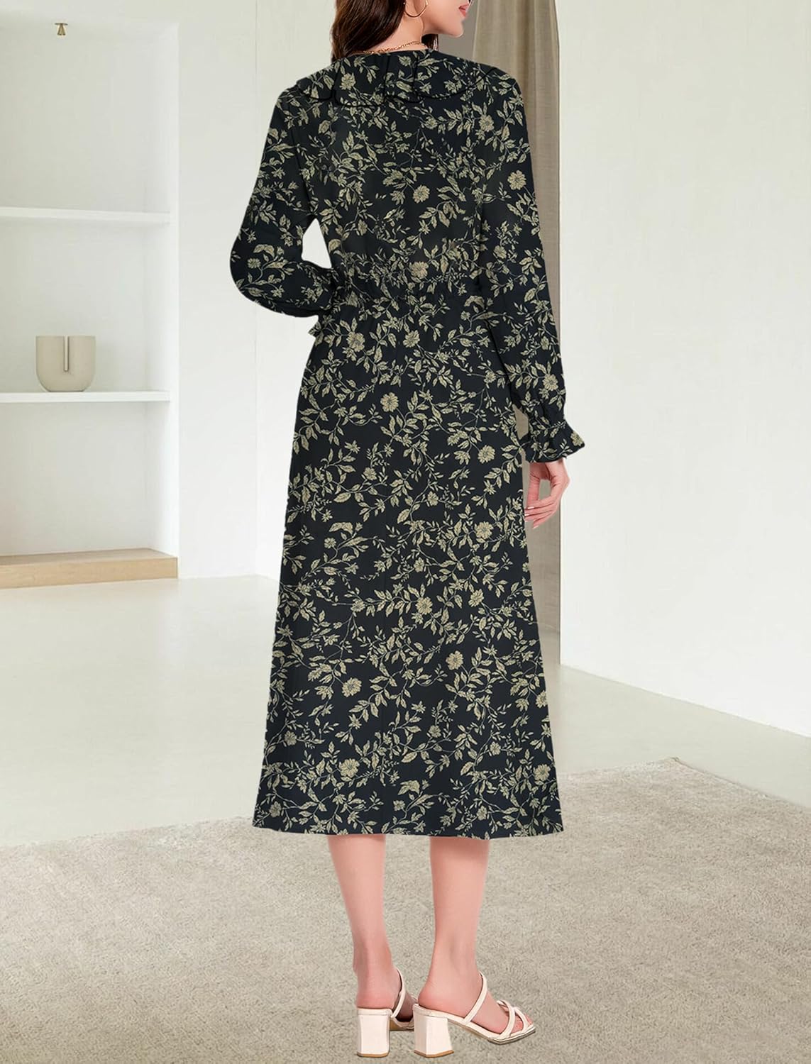 Womens Boho Maxi Dress Floral Dress Long Sleeve Ruffle V Neck Flowy Spring Casual Beach Vacation Long A Line Dresses - Image 6