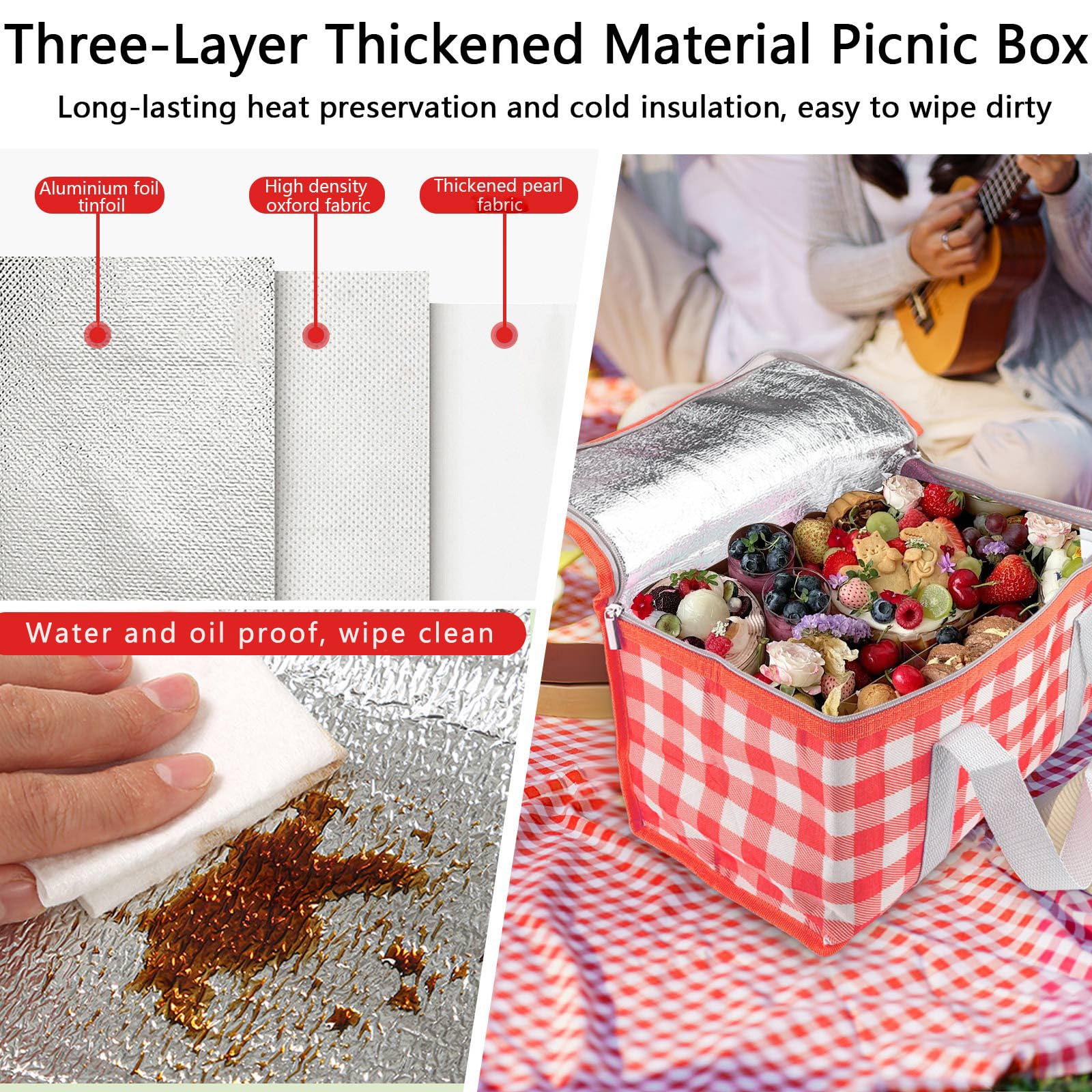 Huakaile Isolierte Picknickkörbe, 35 x 20 x 20 cm, mit Picknickdecke, 180 x 180 cm, tragbare, wasserdichte, isolierte Taschen, Kühltaschen, Strandtaschen für heiße oder kalte Outdoor-Aktivitäten,
