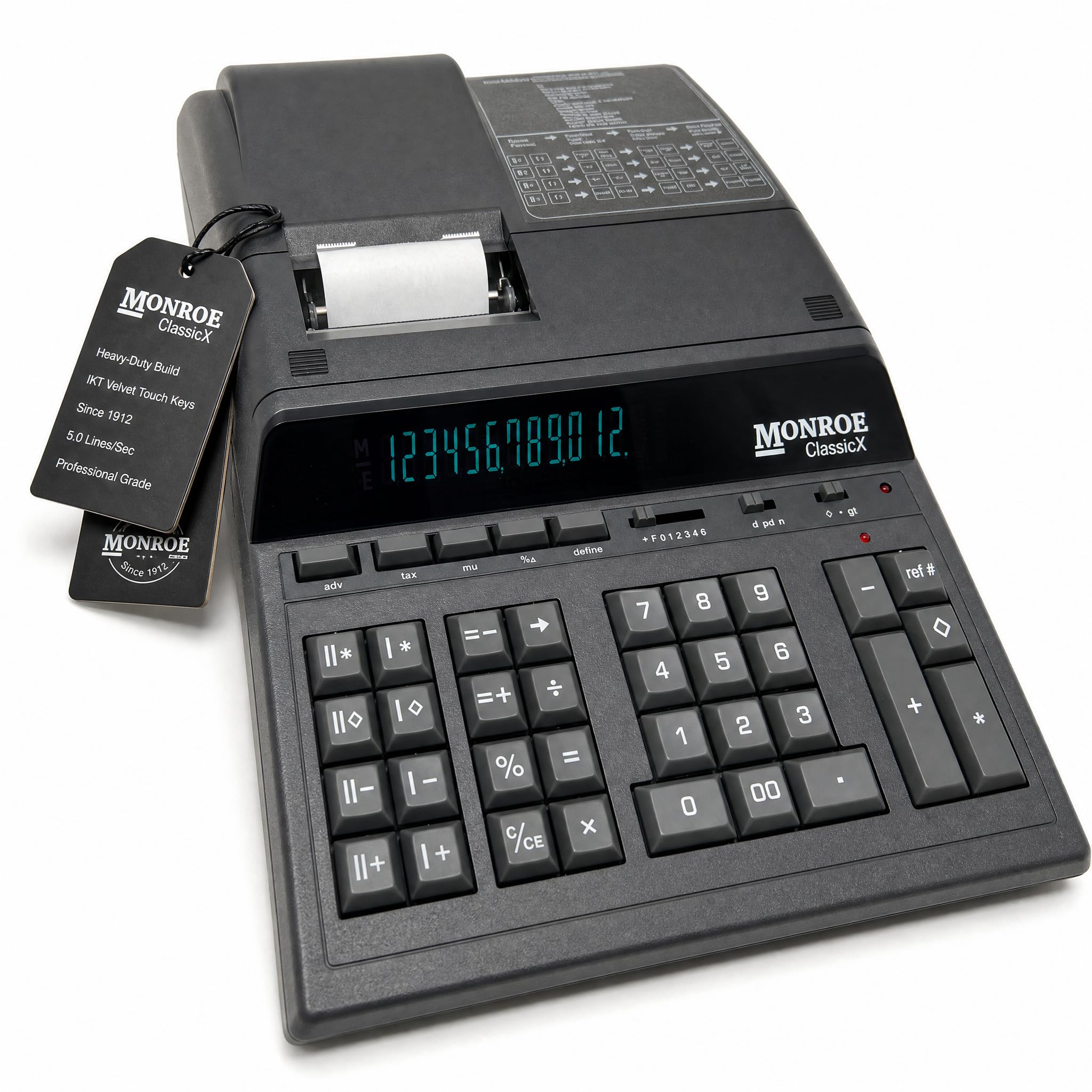 Monroe ClassicX 12-Digit Heavy-Duty Printing Calculator - Enclosed Paper Roll, Velvet Touch Keys, 5 Lines/Sec, Dual Memory - Professional Accounting Calculator