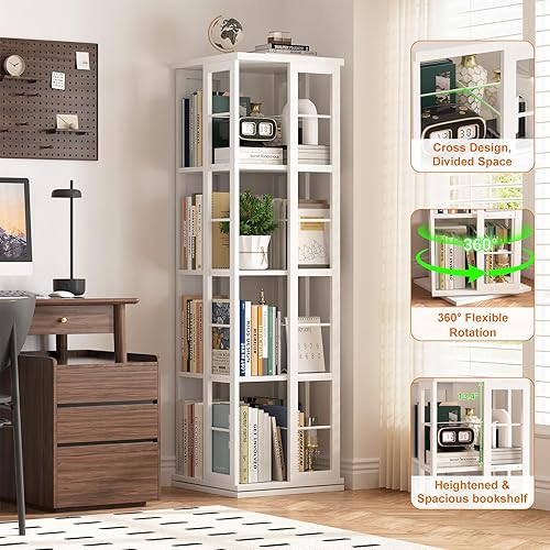 Miniatura 5 de Estantería giratoria, estantería de esquina giratoria de madera 360, estantería estrecha de 4 niveles, estante organizador giratorio de