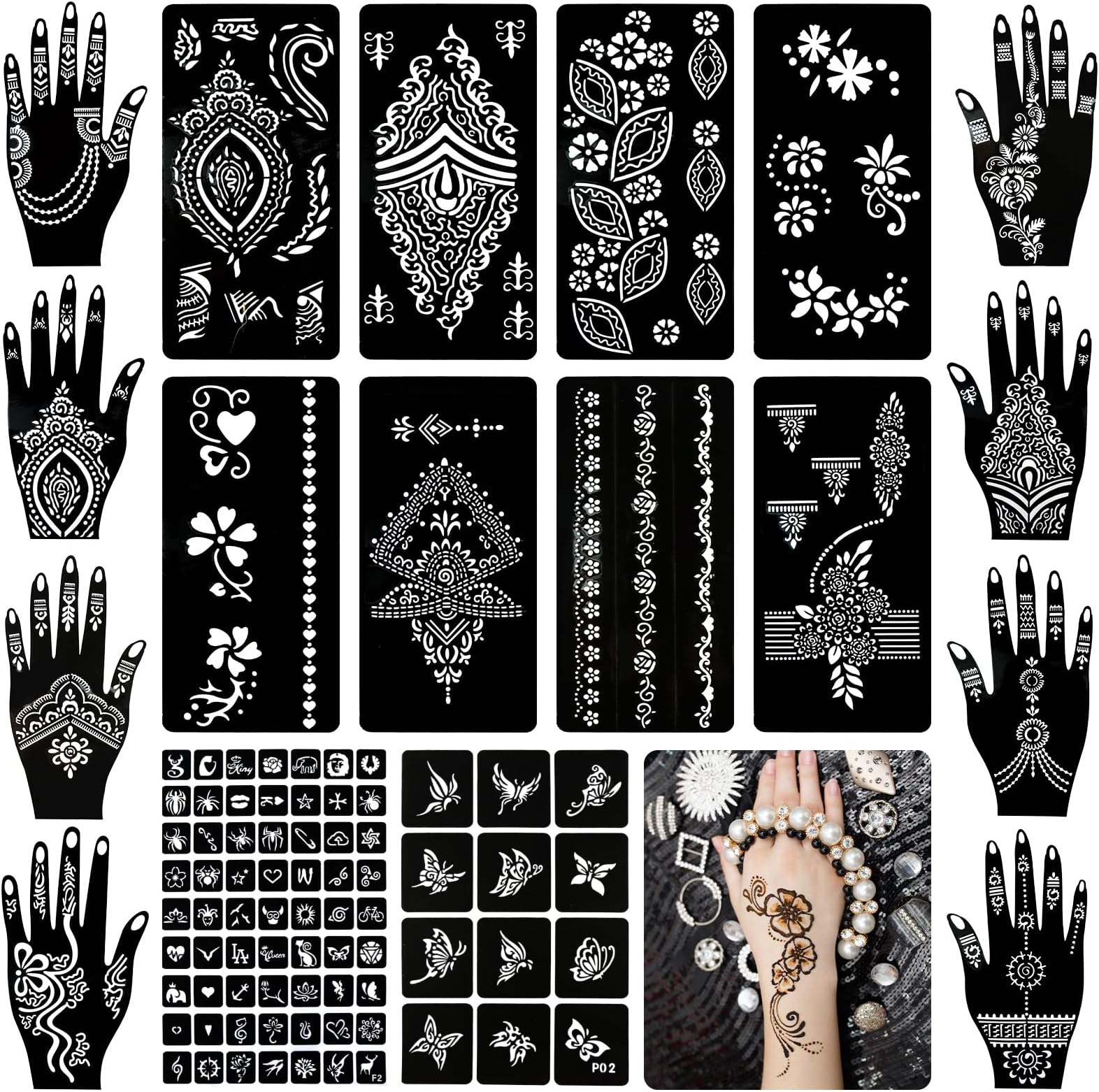 18 Sheets Henna Tattoo Stencils, Temporary Flower Patterns Glitter Airbrush Tattoo Kits Arabian Stickers for Women and Girls Face Hand Paint Body Art