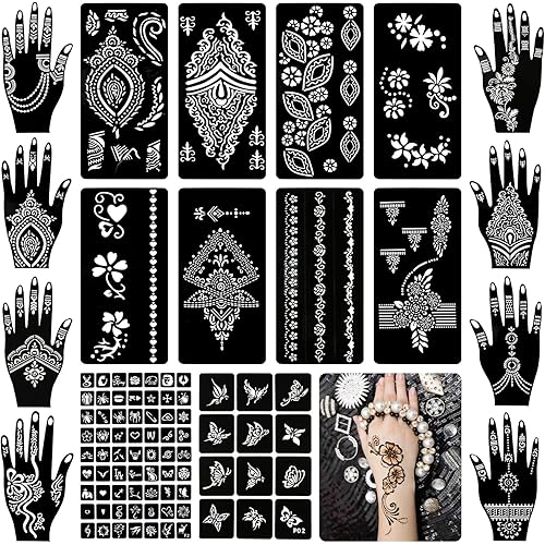 Koogel 18 Sheets Henna Tattoo Stencils, Temporary Flower Tattoo Patterns Glitter Airbrush Henna Tattoo Kits Arabian Tattoo Stickers for Women and Girls Face Hand Paint Body Art