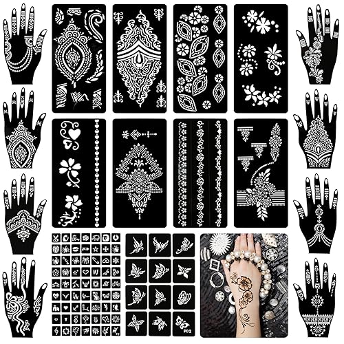 Koogel 18 hojas de plantillas de tatuaje de henna, 100 diseños de patrones temporales de tatuajes con brillantina, plantillas de tatuaje árabe para