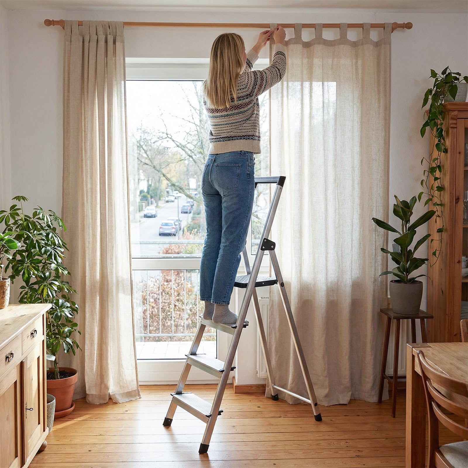 Sekey Escalera de Aluminio 4 Peldaños 140 cm, Plegable con Bandeja Portaherramientas, Peldaños Antideslizantes, Soporta hasta 150 kg, Certificada TÜV EN131-2, para Hogar, Garaje y Jardín